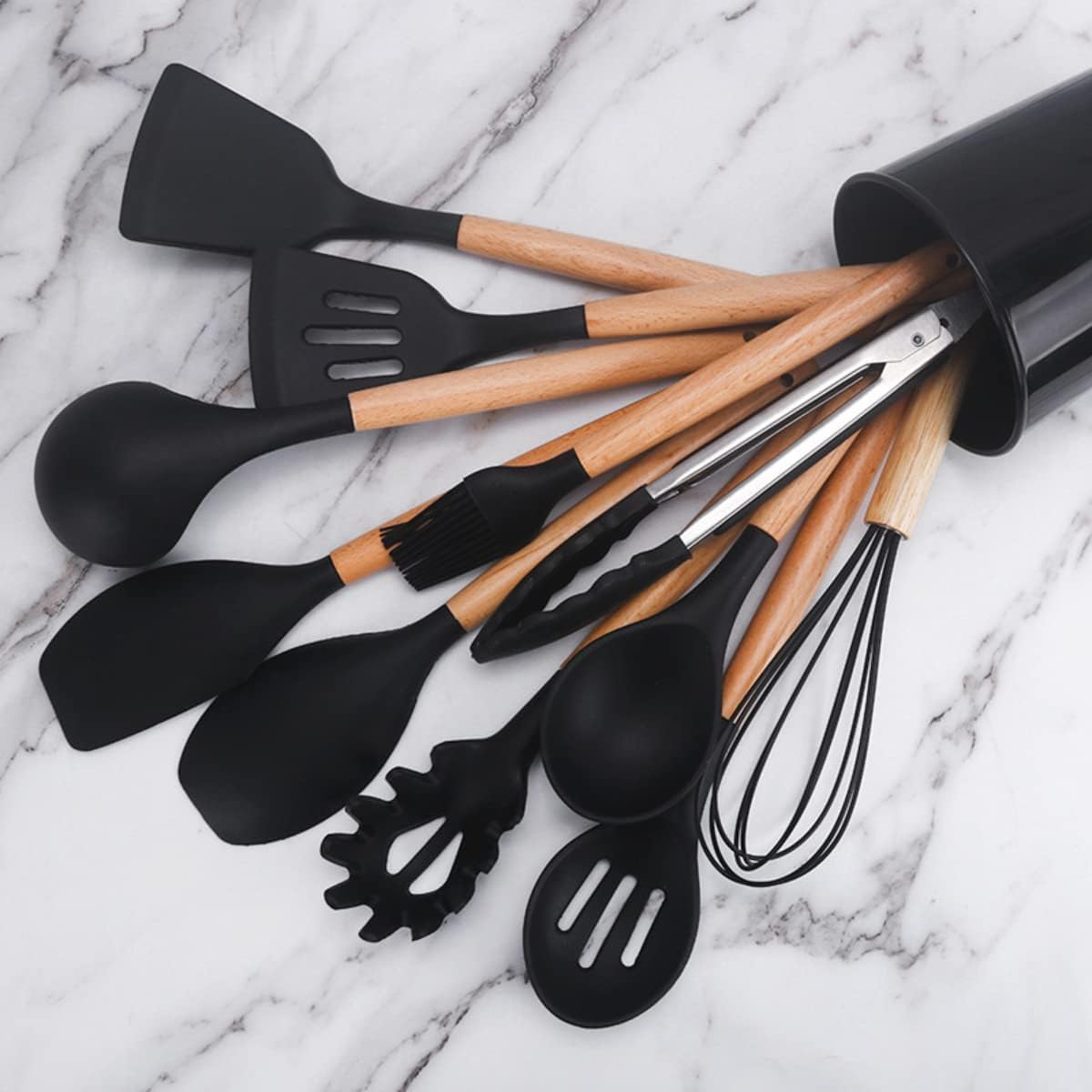 12-Piece Silicone Kitchen Cooking Utensils Set with Holder, Kitchen Tools Include Slotted Spatula Spoon Turner Ladle Tong Whisk, Dishwasher Safe