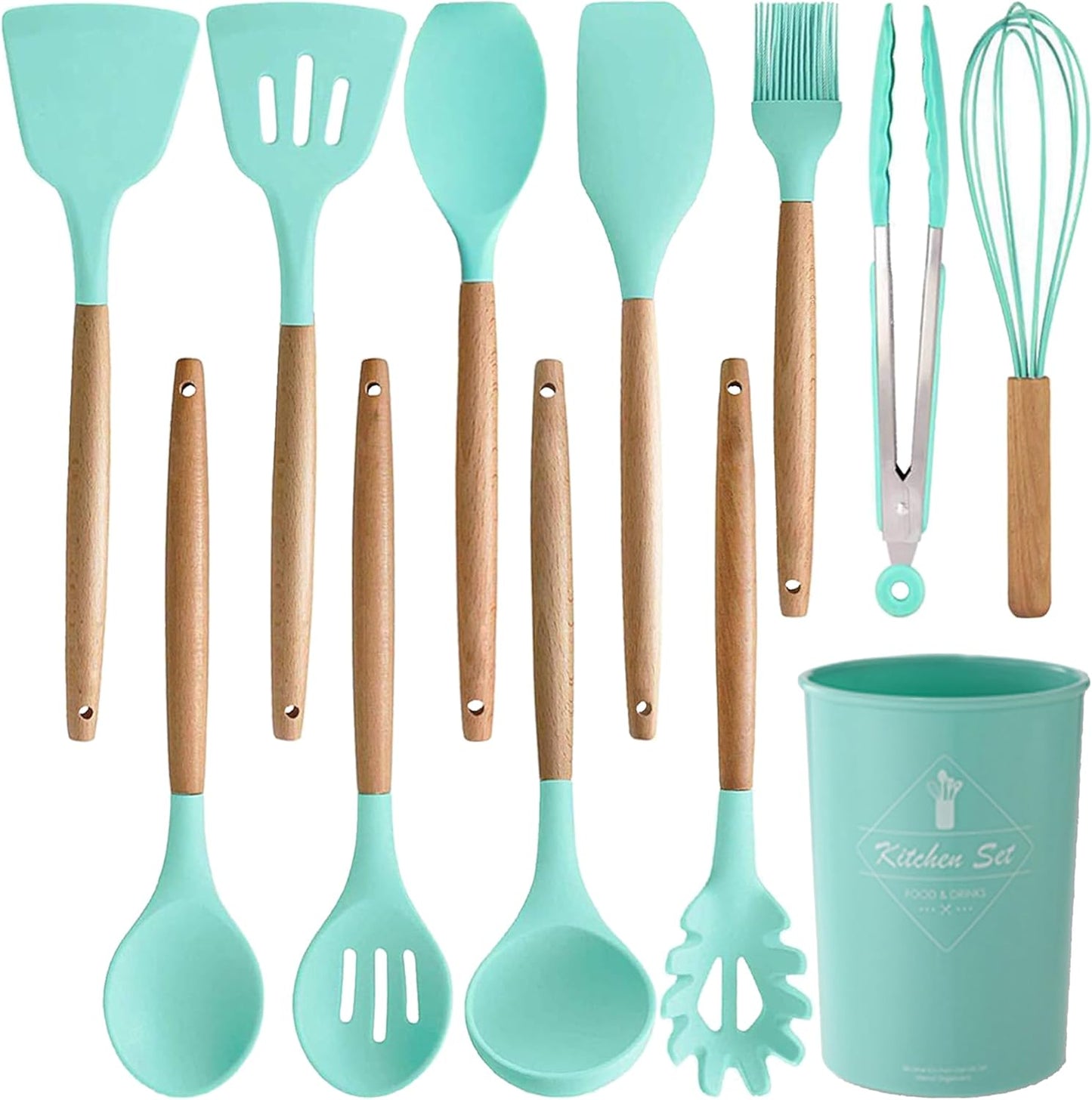 12-Piece Silicone Kitchen Cooking Utensils Set with Holder, Kitchen Tools Include Slotted Spatula Spoon Turner Ladle Tong Whisk, Dishwasher Safe