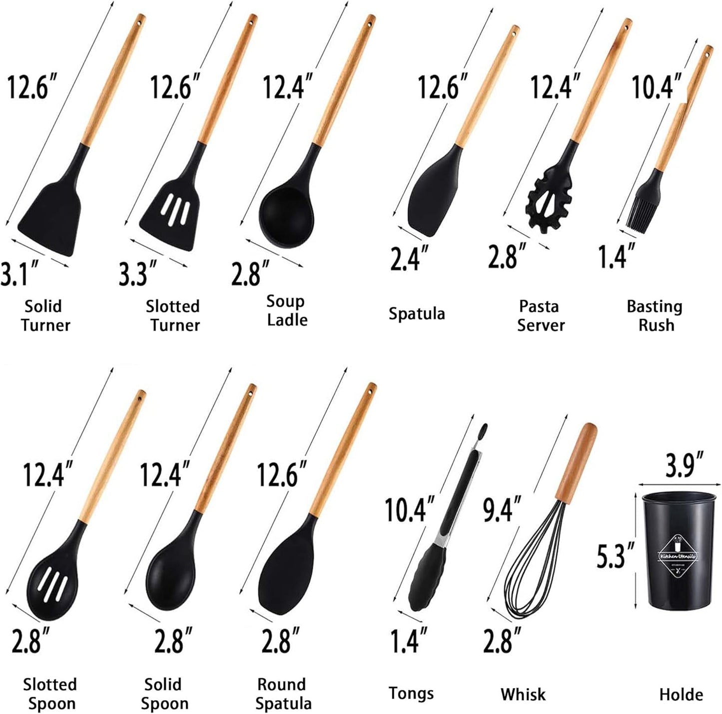 12-Piece Silicone Kitchen Cooking Utensils Set with Holder, Kitchen Tools Include Slotted Spatula Spoon Turner Ladle Tong Whisk, Dishwasher Safe