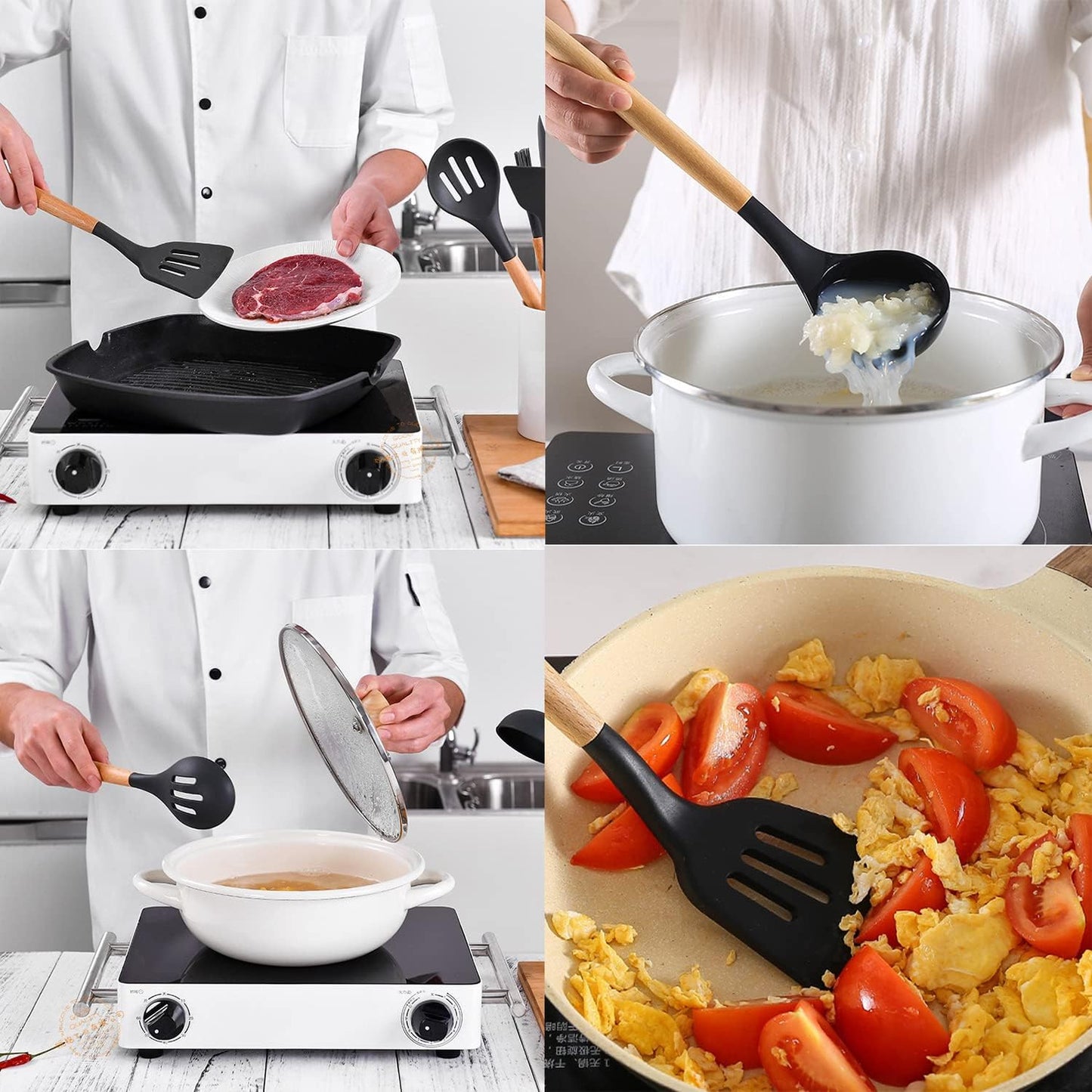12-Piece Silicone Kitchen Cooking Utensils Set with Holder, Kitchen Tools Include Slotted Spatula Spoon Turner Ladle Tong Whisk, Dishwasher Safe
