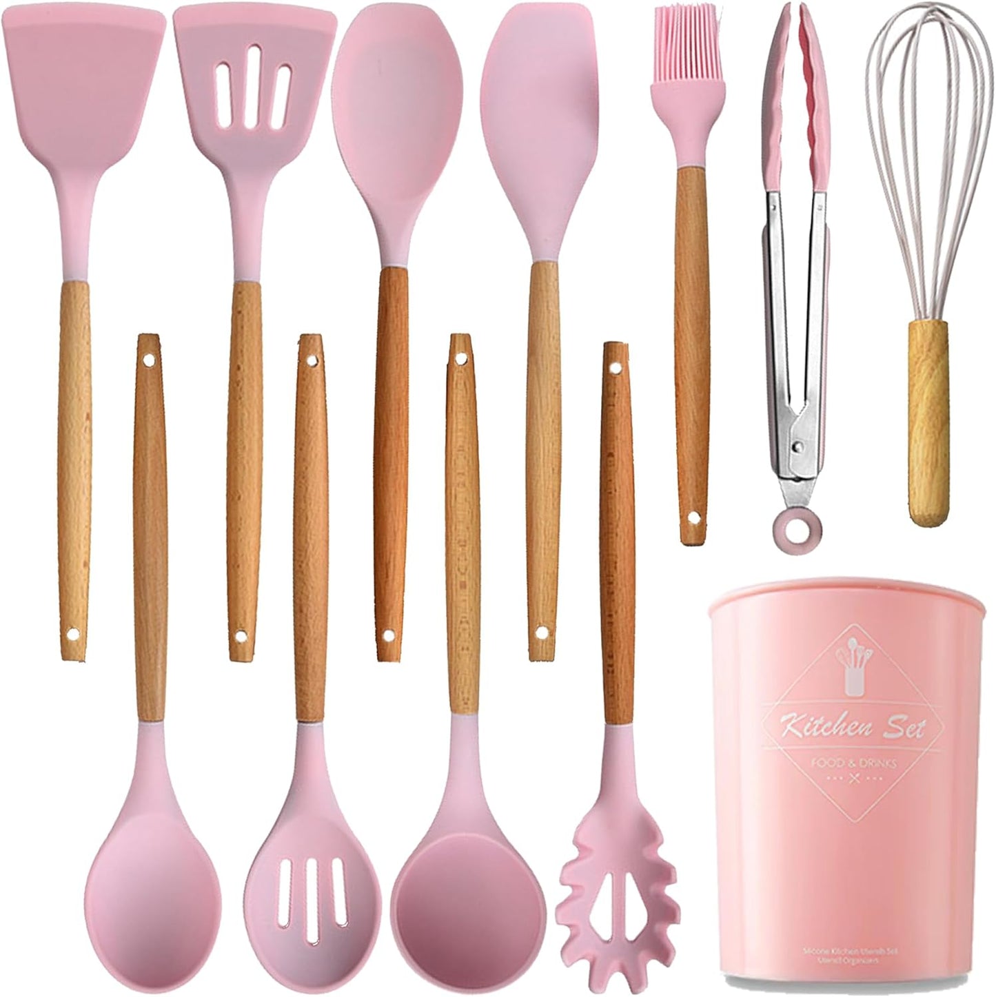 12-Piece Silicone Kitchen Cooking Utensils Set with Holder, Kitchen Tools Include Slotted Spatula Spoon Turner Ladle Tong Whisk, Dishwasher Safe