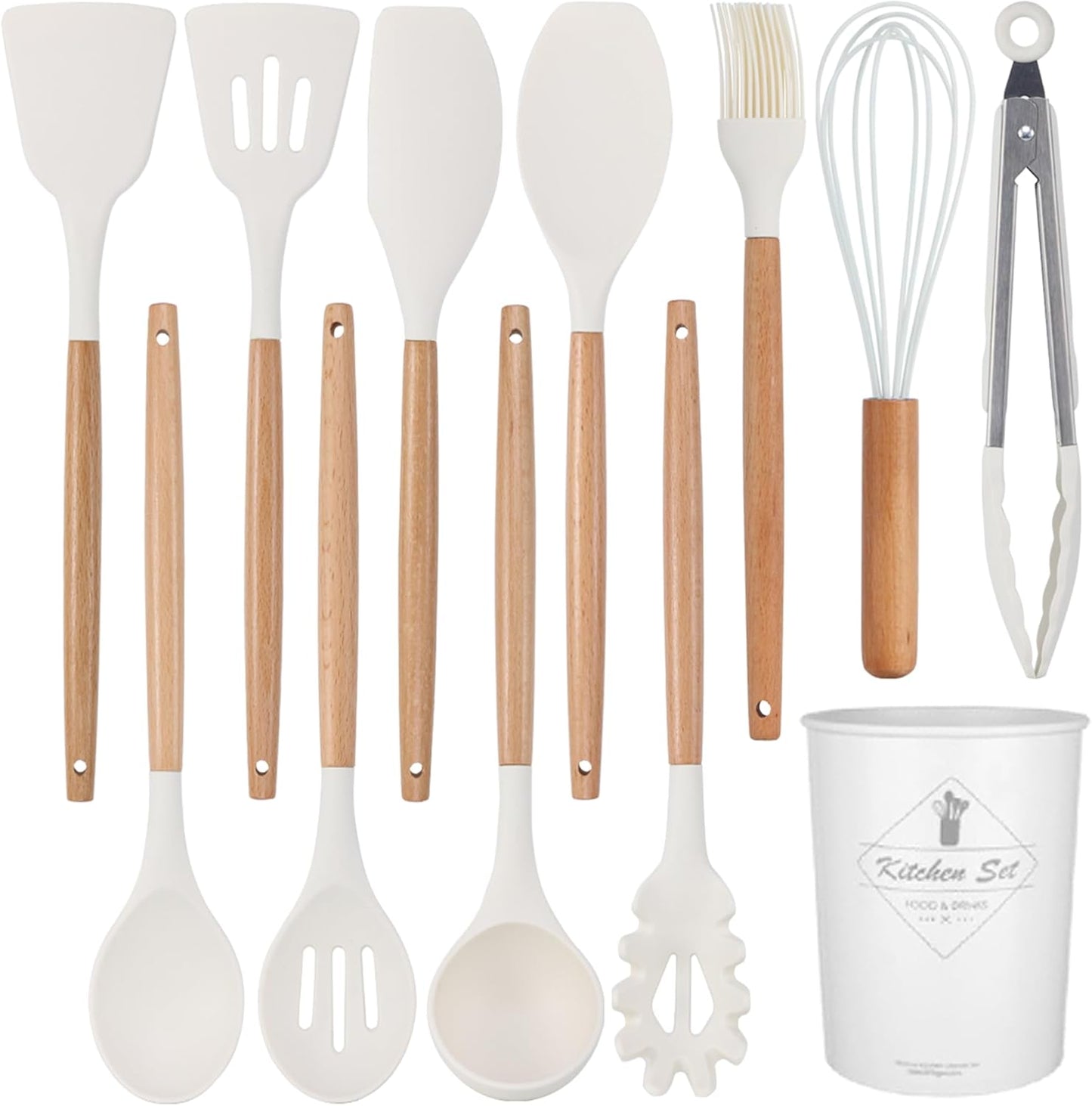12-Piece Silicone Kitchen Cooking Utensils Set with Holder, Kitchen Tools Include Slotted Spatula Spoon Turner Ladle Tong Whisk, Dishwasher Safe