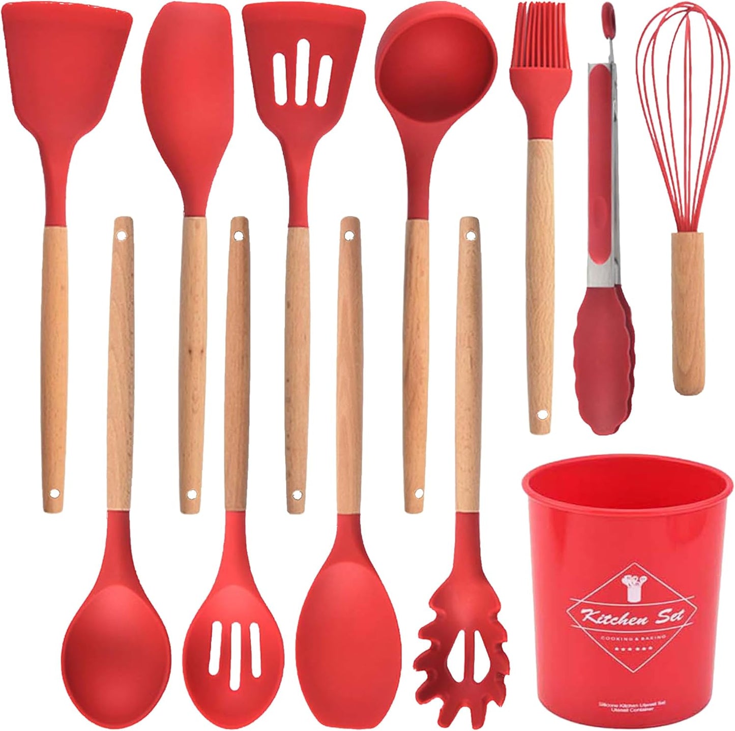12-Piece Silicone Kitchen Cooking Utensils Set with Holder, Kitchen Tools Include Slotted Spatula Spoon Turner Ladle Tong Whisk, Dishwasher Safe