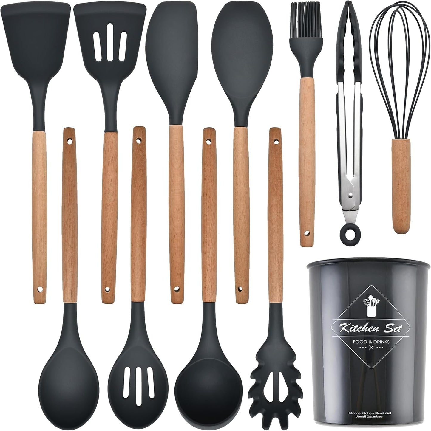 12-Piece Silicone Kitchen Cooking Utensils Set with Holder, Kitchen Tools Include Slotted Spatula Spoon Turner Ladle Tong Whisk, Dishwasher Safe