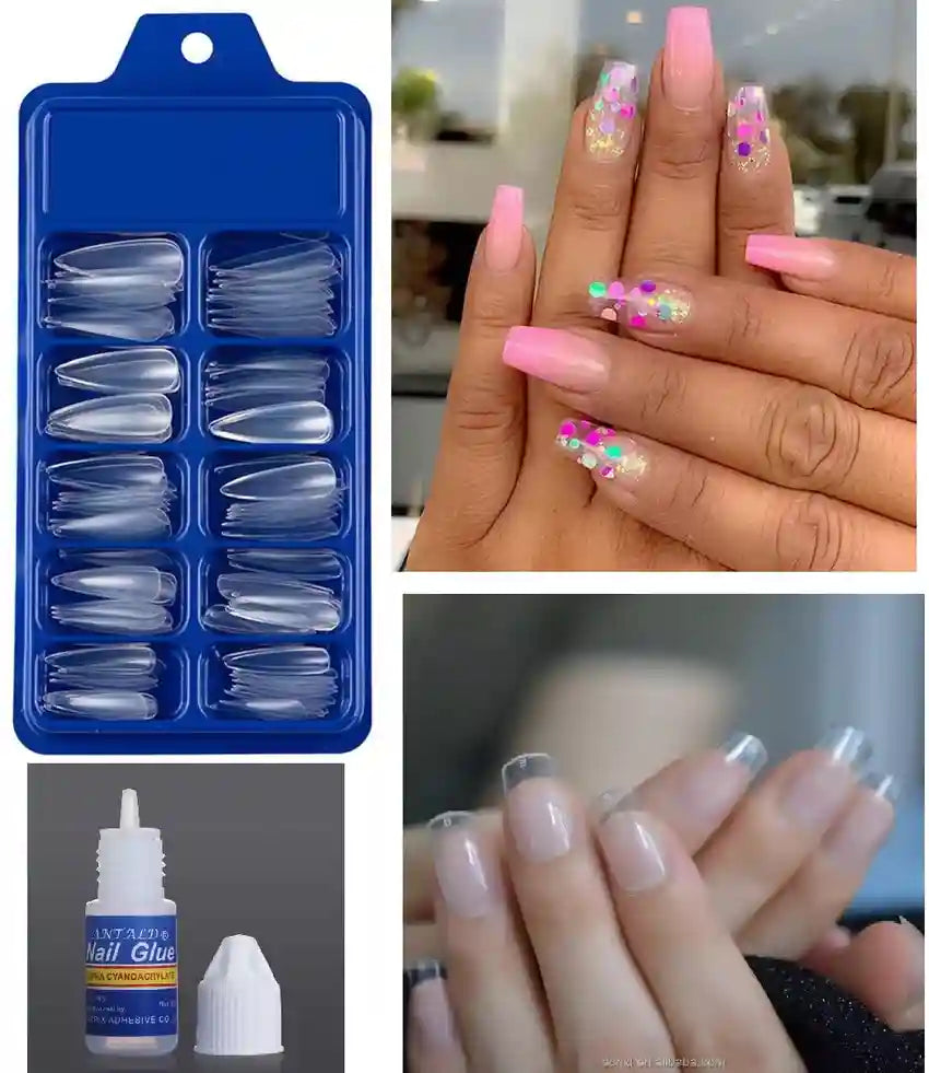 Artificial Reusable Nails Set With One 3gm Nail Glue, Perfect For Nails Extension -100 Nails & One Nail Glue(3gm) FREE
