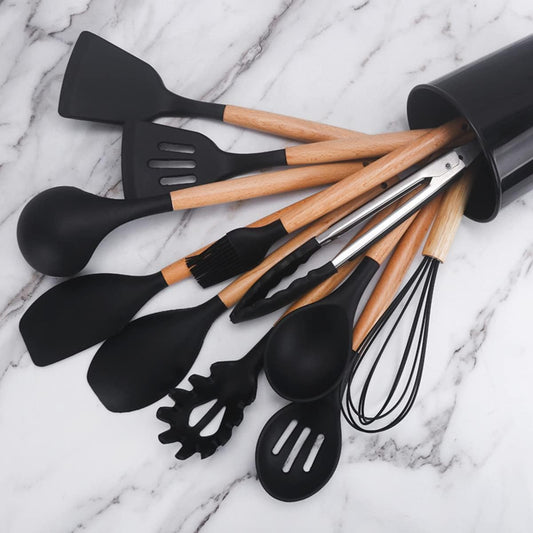 12-Piece Silicone Kitchen Cooking Utensils Set with Holder, Kitchen Tools Include Slotted Spatula Spoon Turner Ladle Tong Whisk, Dishwasher Safe