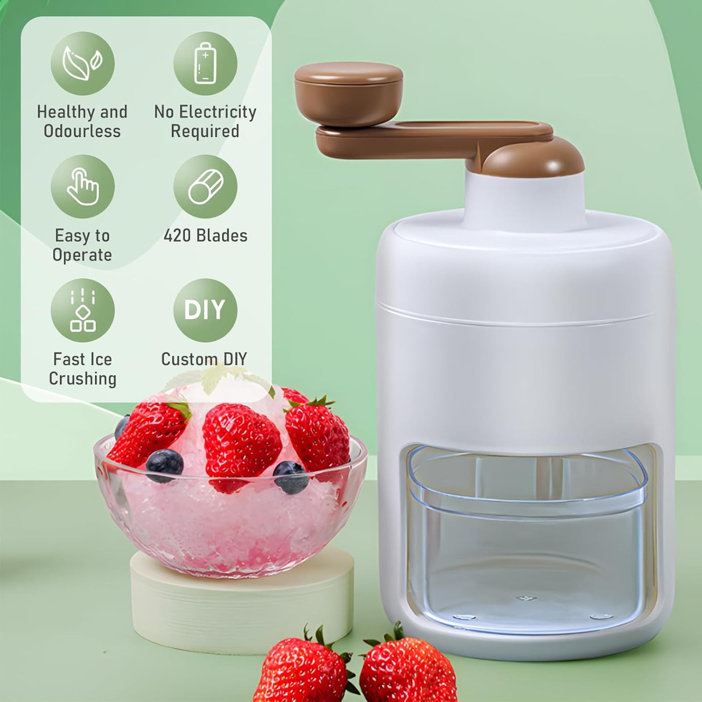 Manual Ice Crusher, Portable Shaved Ice Machine with Ice Box