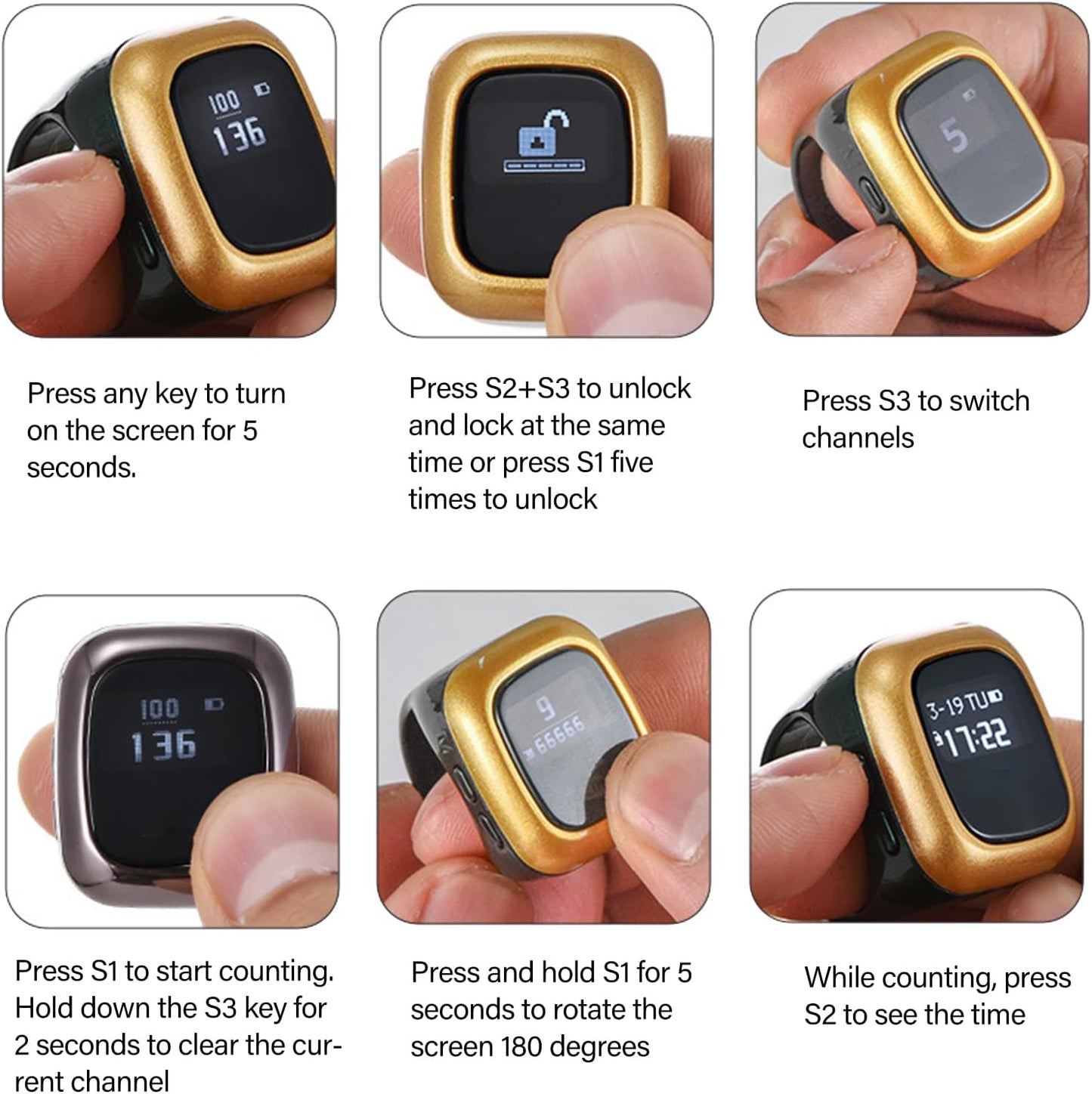 Multifunction Men Ring OLED Screen Digital Rechargable Battery Hand Tally Counter With Date Time Vibrate Remind Prayer Zikr Ring Al Fatiha