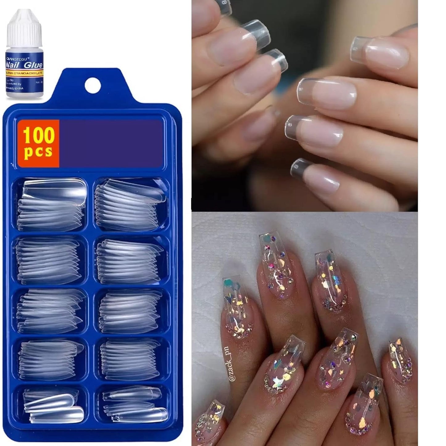 Artificial Reusable Nails Set With One 3gm Nail Glue, Perfect For Nails Extension -100 Nails & One Nail Glue(3gm) FREE