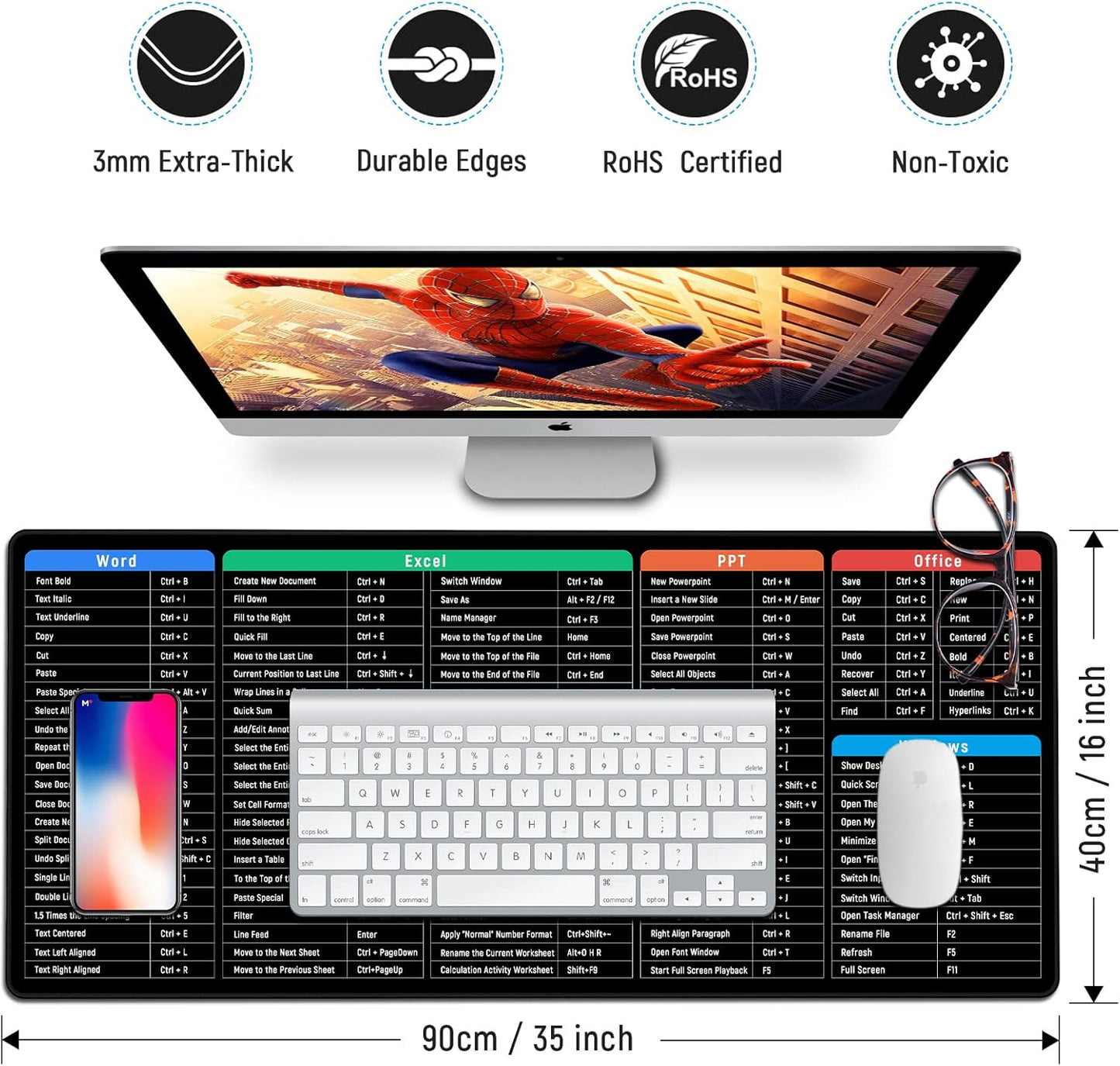 Non-Slip Rectangle Mousepad, WIRESTER Shortcut Keys Mouse Pad for Home, Office and Gaming Desk