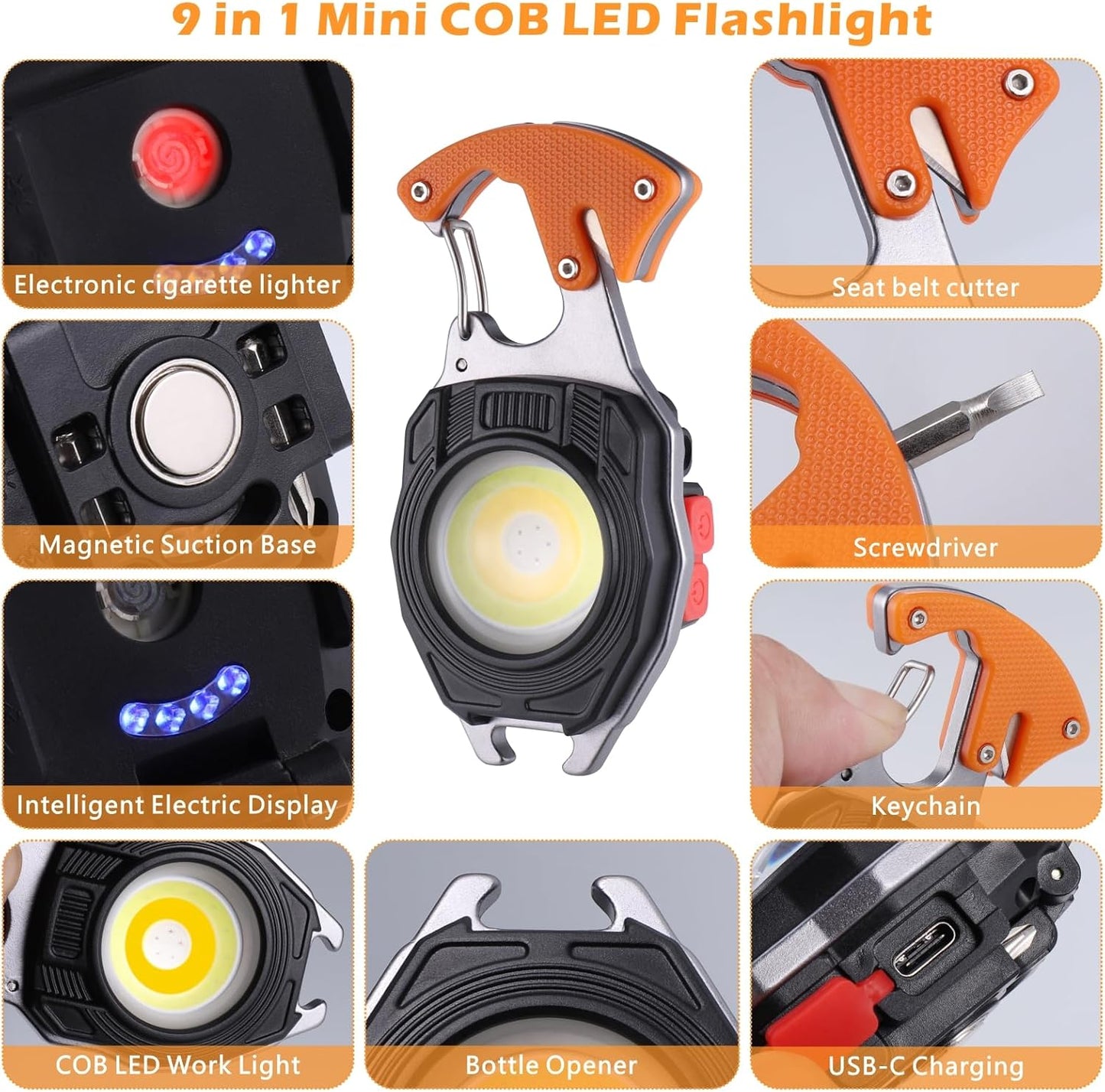 9 in 1 Led Light with Lighter, Bottle Opener, Magnetic Base and Folding Bracket Mini Cob 800 lumens